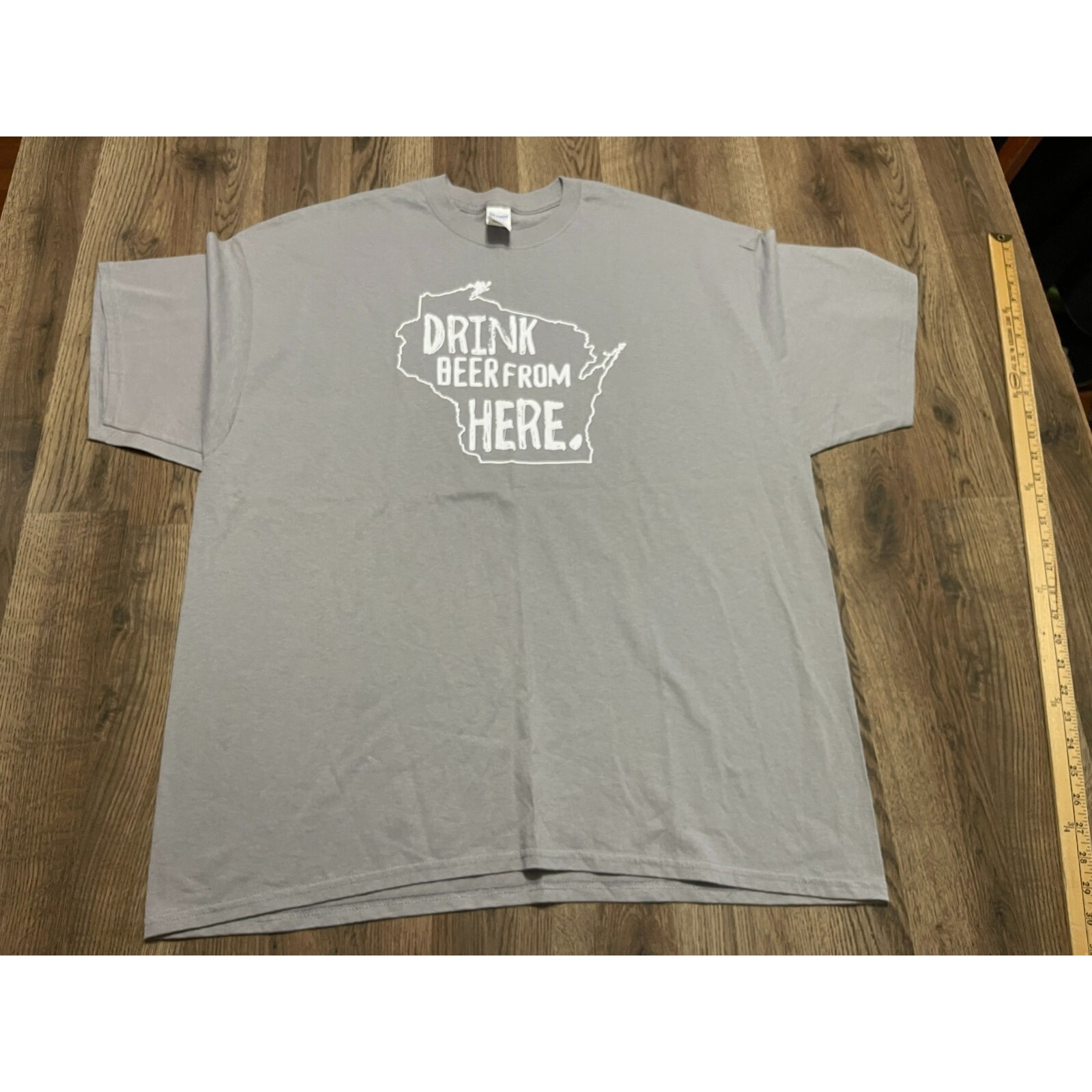 Gildan Shirt, Men's Size 2xl, Grey White "Drink Beer From Here" Wisconsin Map